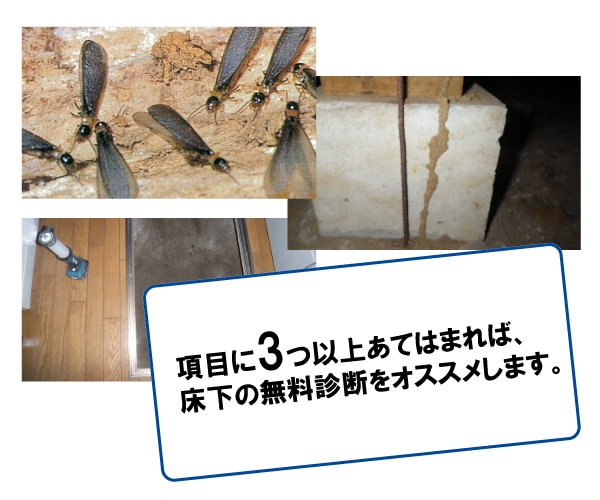 項目に3つ以上当てはまれば床下の無料診断をオススメします。